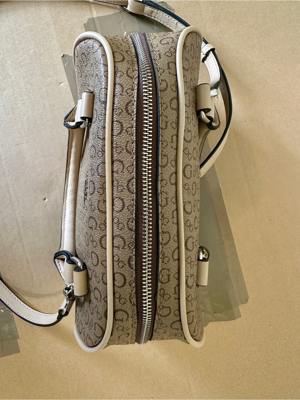 The GUESS Logo Print Small Satchel Top Handle Bag in beige and brown - Picture 7 of 9